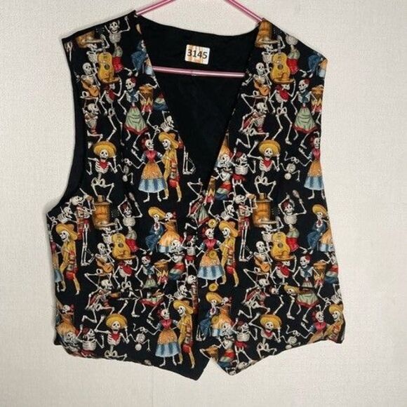 VTG 90s Streetwear Sugar Skull Mexican Button Front Vest Jacket Men Size Medium - Picture 1 of 7